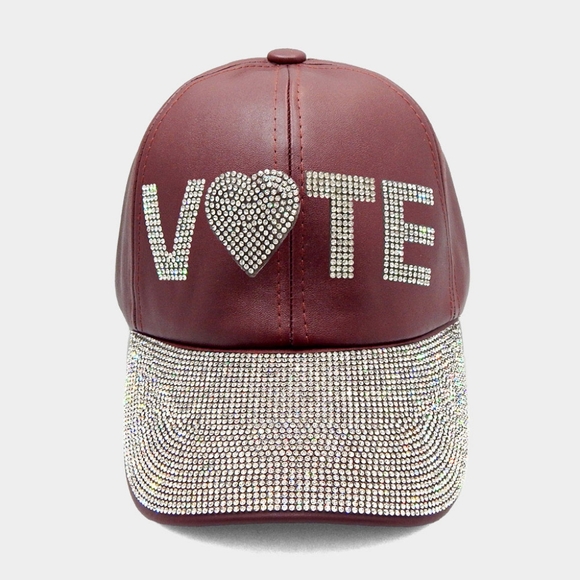 Burgundy Leather VOTE Rhinestone Crystal Brim Baseball Cap Statement Hat Bling - Picture 1 of 4